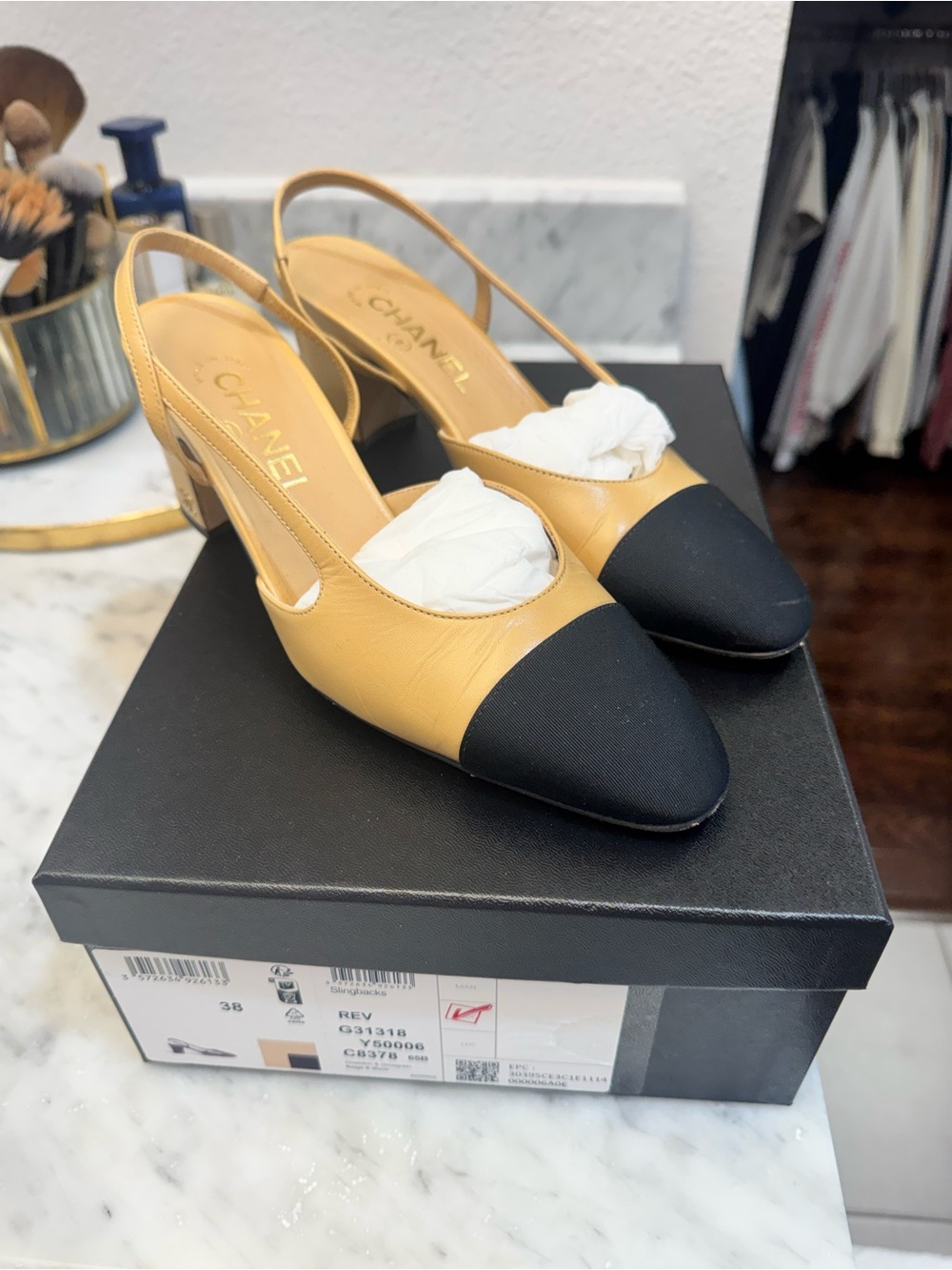 CHANEL Classic Two-Tone Slingback Pumps Beige Black EU 38 G31318